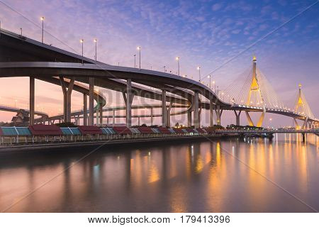 Twing Suspension bridge with beautiful sky after sunset background river front