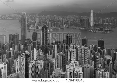 Black and White Aerial vier Hong Kong business downtown cityscape background