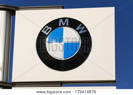 Prague, Czech Republic - March 31: Bmw Car Company Logo In Front Of Dealership Building On March 31,