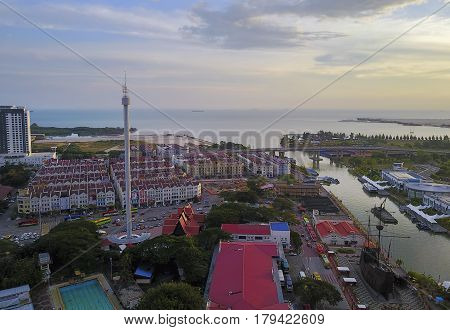 Malacca, Malaysia - Feb 2, 2017: Arial View Of Menara Taming Sari Tower. Malacca City Is The Capital