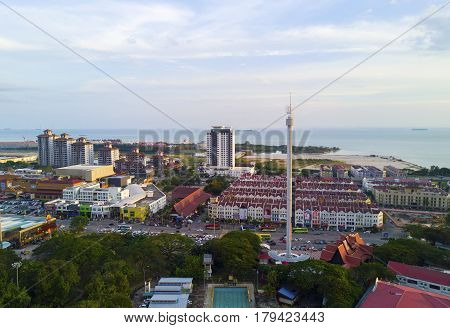 MALACCA MALAYSIA - FEB 2 2017: Arial View of Menara Taming Sari Tower. Malacca City is the capital city of the Malaysian state of Malacca.