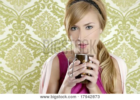 coffee retro woman vintage cup portrait green wallpaper