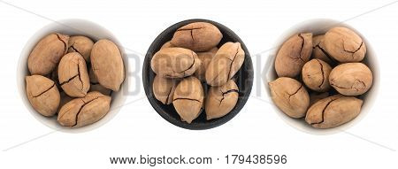 Whole Sweet Fried Pecan Nut Or Carya Illinoinensis With Cracked Shell Isolated
