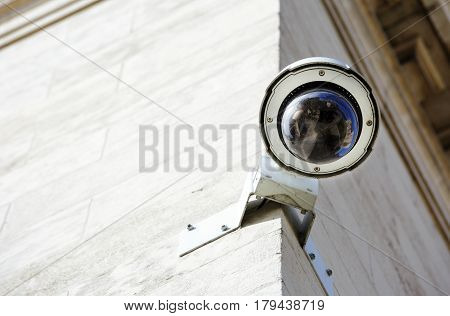 Security Cctv Camera Or Surveillance System Fixed On Old Construction Wall