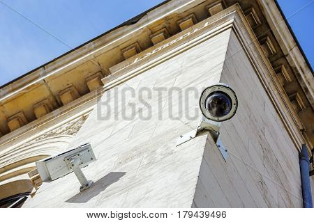 Security Cctv Camera Or Surveillance System Fixed On Old Construction Wall