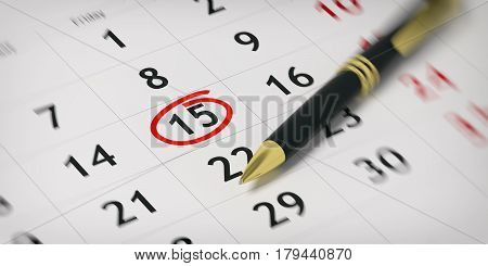 Ballpoint Pen On A Planner - Day 15 Circled. 3D Illustration