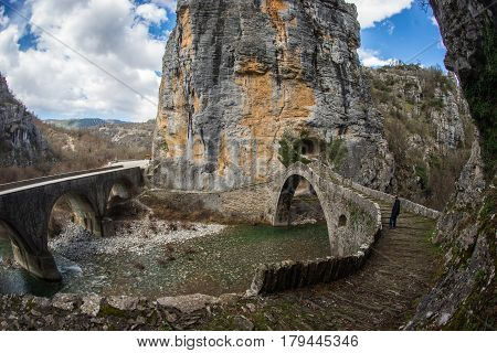 Landscape with the Kokoris medieval stone bridge in Zagorohoria area, Greece
