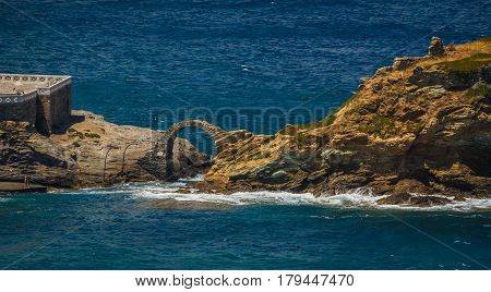 Ancient Bridge To Small Island Near The Town Of Andros, Andros, Greece