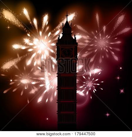 Big Ben vector contur. England or Londonbackground with fireworks