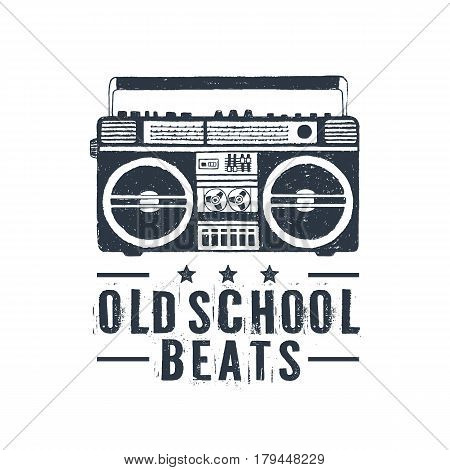 Hand drawn 90s themed badge with boombox recorder textured vector illustration and 