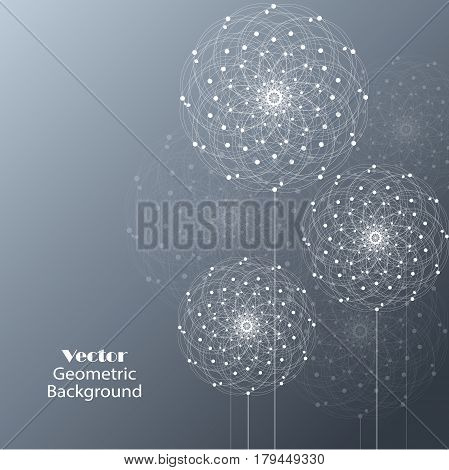 Abstract geometric background with connected lines and dots in a shape of flowers. Vector illustration.