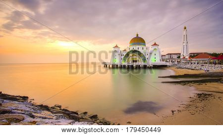 Majestic View Of Malacca Straits Mosque During Sunset