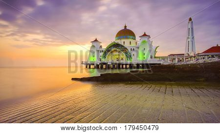 Majestic View Of Malacca Straits Mosque During Sunset