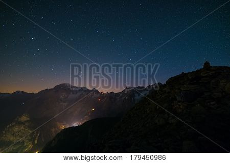 Monte Bianco (mont Blanc) Nightscape With Starry Sky