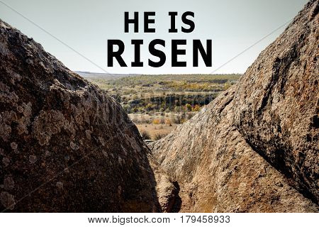 Easter quote on landscape background. Holiday celebration concept