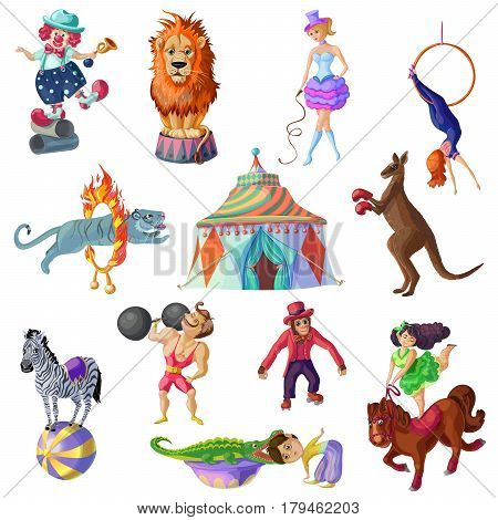 Traveling circus icons set with different artists and trained animals in cartoon style isolated vector illustration