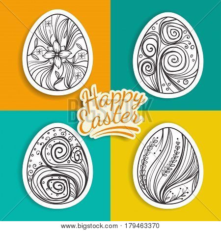 set of easter eggs stickers with fantasy patterns on colored background