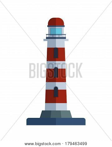 Cartoon flat lighthouse searchlight tower for maritime navigation guidance and ocean beacon light travel water sailing signal symbol vector illustration. Nautical building direction element with lamp.