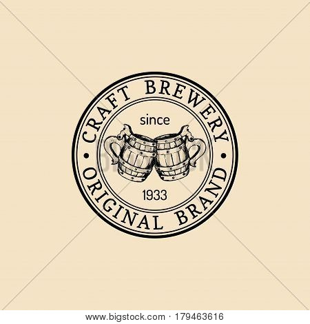 Craft beer mugs logo. Lager cups retro sign. Hand sketched ale illustration. Vector vintage home brewing label or badge