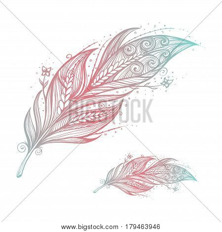 Native American Indian talisman. Vector hand drawn hipster feathers. Boho design, tattoo art.