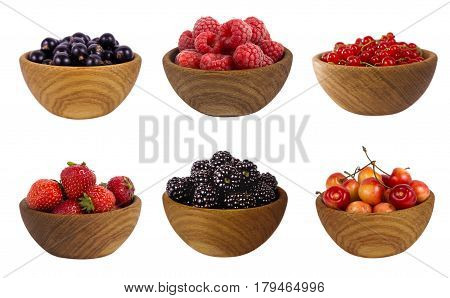 Collage of different fruits and berries isolated on white. Set of strawberries raspberries currants blackberries and cherries. Sweet and juicy berry with copy space for text. Ripe strawberries close-up. Background berry.