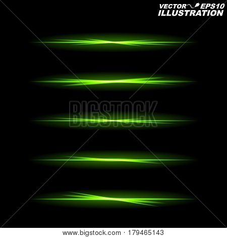Glowing green lines on a black background in total darkness. Bright and shining bands in the night scene