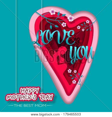 Happy Mothers Day. Vector festive. Holiday illustration of a heart in a paper style with the inscription of Mom