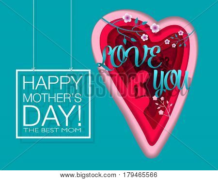 Happy Mothers Day. Vector festive. Holiday illustration of a heart in a paper style with the inscription of Mom