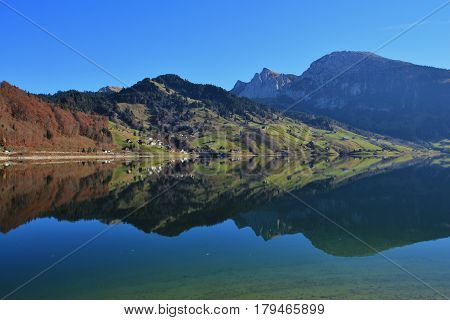 Autumn day at lake Wagital Swiss Alps.
