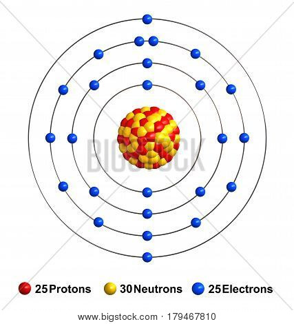 3d render of atom structure of manganese isolated over white background Protons are represented as red spheres neutron as yellow spheres electrons as blue spheres