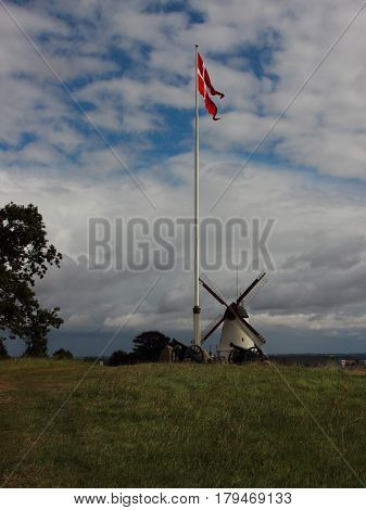 Dybboel Mill with Danish Flag and Old War Cannons