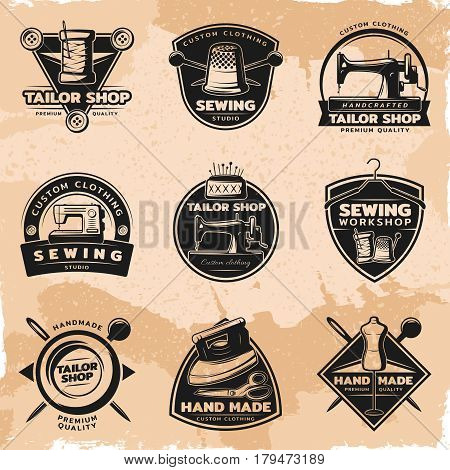 Black sewing and tailor labels collection with equipment items and tools on vintage background isolated vector illustration