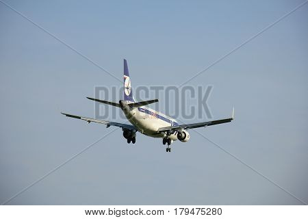 Amsterdam the Netherlands - May 6th 2016: SP-LII LOT - Polish Airlines Embraer ERJ approaching Schiphol Zwanenburg runway arriving from Warsaw Poland