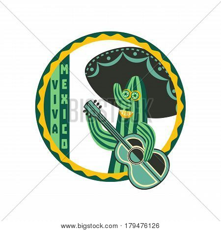 Mexican poster concept. Freehand drawn cartoon style. Viva Mexica fancy letters in round frame. Green Cactus, guitar, sombrero traditional symbol of Mexico. Vectorsign element badge background