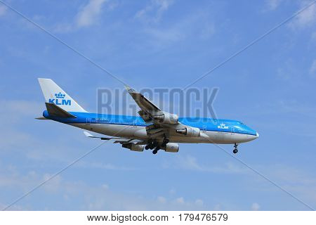 Amsterdam the Netherlands - July 21st 2016: PH-BFD KLM Royal Dutch Airlines Boeing 747-406 approaching Polderbaan runway at Schiphol Amsterdam Airport arriving from Los Angeles United States of America