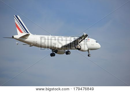 Amsterdam the Netherlands - July 21st 2016: F-GKXO Air France Airbus A320 approaching Polderbaan runway at Schiphol Amsterdam Airport arriving from Paris France