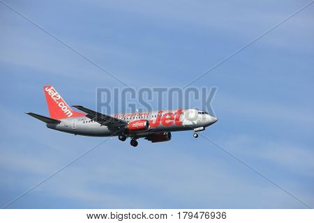 Amsterdam the Netherlands - July 21st 2016: G-CELF Jet2 Boeing 737 approaching Polderbaan runway at Schiphol Amsterdam Airport arriving from Leeds
