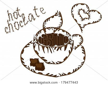 A cup of hot chocolate with streaks, an elegant outline, chocolate streaks