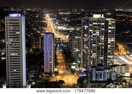 GOLD COAST, AUSTRALIA - MARCH 31 2017: Broadbeach aerial nightscape facing south