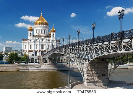 The Cathedral of Christ the Saviour and Patriarshy bridge in Moscow, Russia