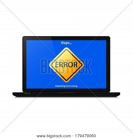 Error mistake sign on computer laptop screen. Vector illustration of realistic computer laptop with error page.