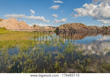 scenic willow lake with reflected granite rock Prescott Arizona