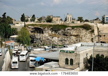 JERUSALEM ISRAEL - MARCH 25 2017: View from the northern wall of the old city of Jerusalem to Protestant Golgotha
