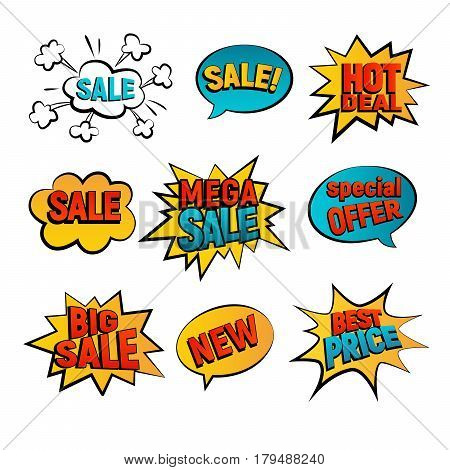 Sale cartoon vector set. Big Mega sale Best price and Hot deal comic style flat. New Special offer on spech bubble. Explosion bubbles isolated discount promotion