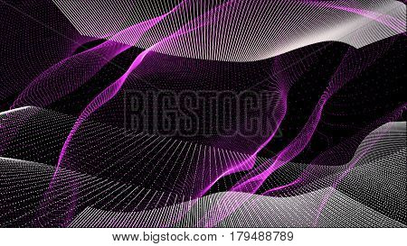 Flowing particle waves. Abstract dots waves on black background