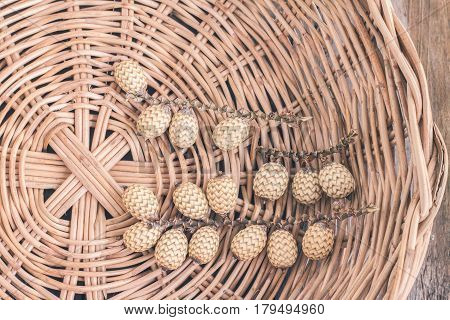 Closeup rattan friut in brown wicker basket
