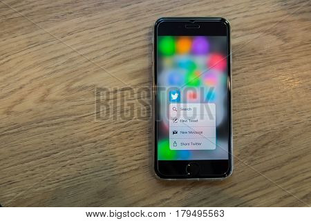 CHIANGMAI THAILAND - DEC 122016:iphone 6s open Twitter applicationTwitter is an online social networking and microblogging service that enables users to send and read 