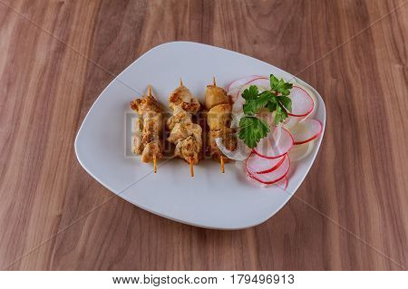 Grilled chicken on bamboo skewers Chicken skewers