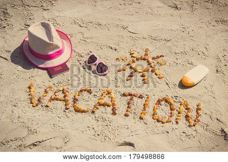 Vintage Photo, Word Vacation, Accessories For Sunbathing And Passport On Sand At Beach, Summer Time