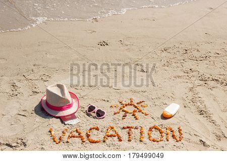 Word Vacation, Accessories For Sunbathing And Passport With Currencies Dollar At Beach, Summer Time